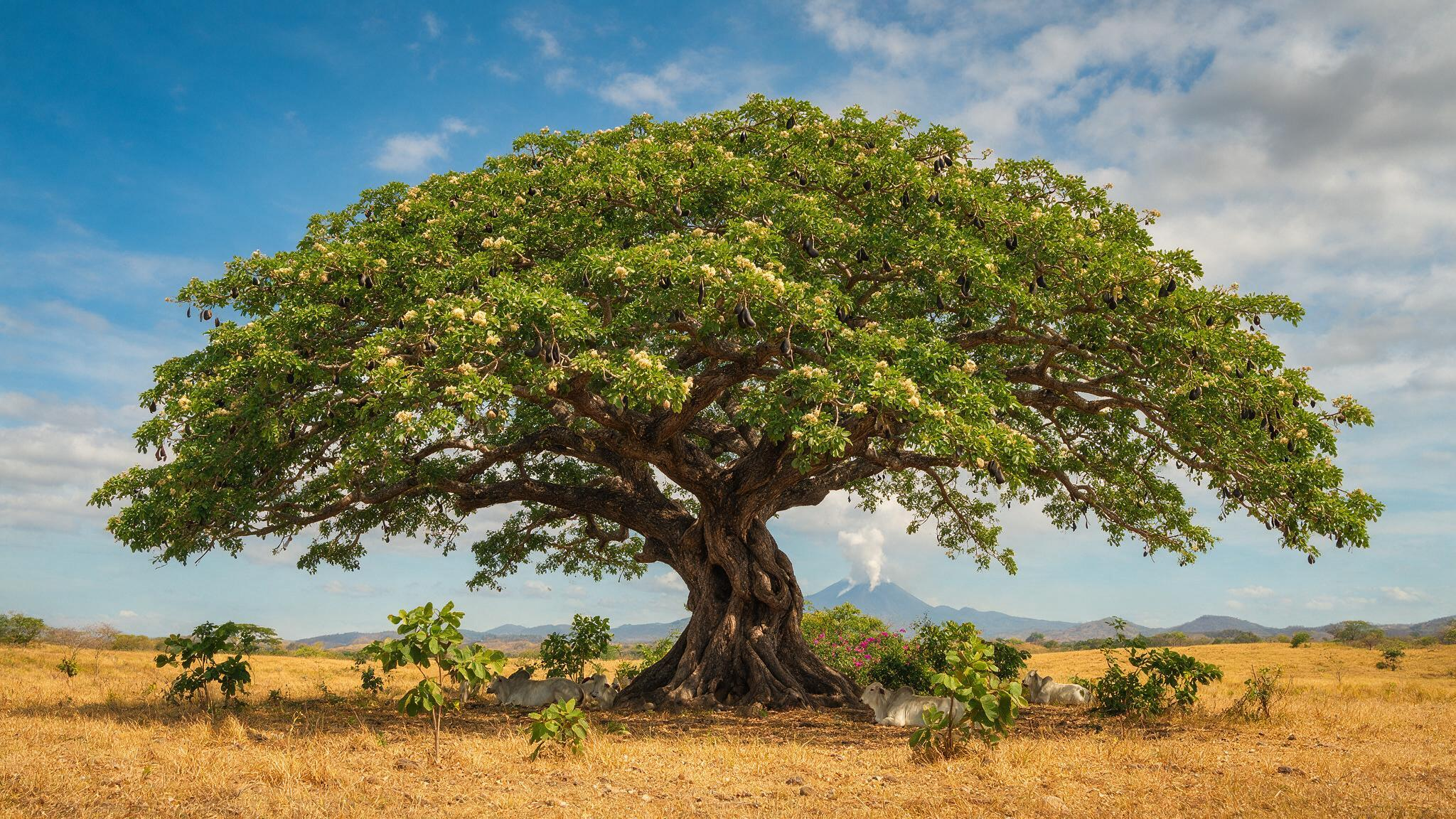 Árbol de Guanacaste en potrero seco con ganado a la sombra
