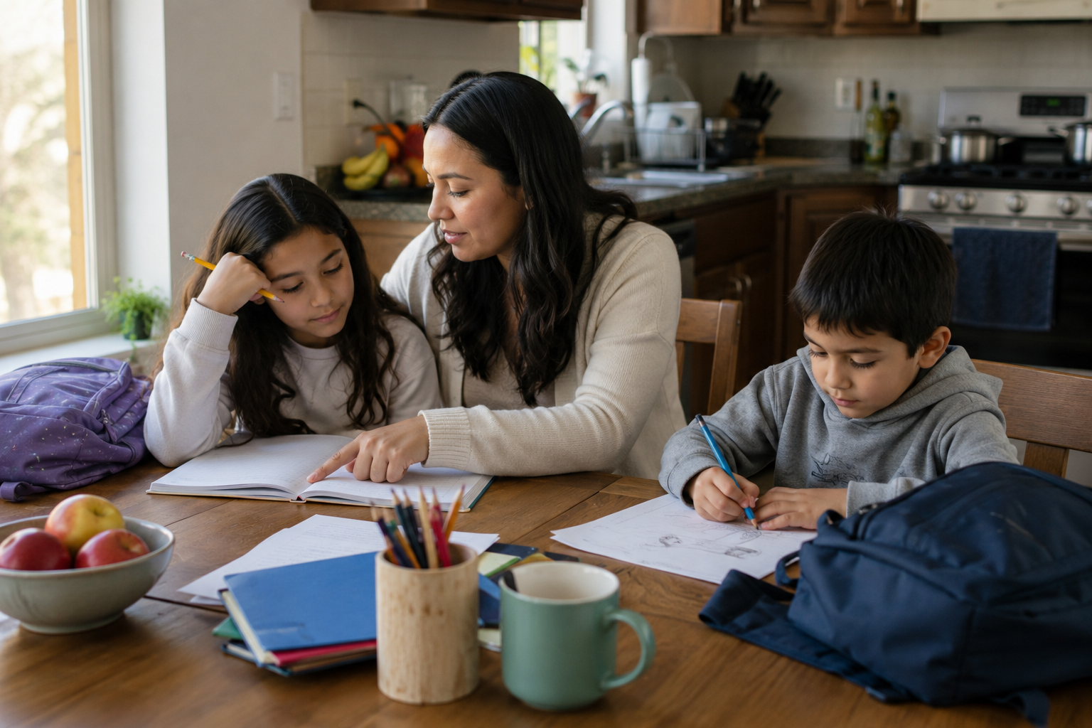 Mam&aacute; tica ayudando a sus dos hijos con la tarea en la mesa de la cocina
