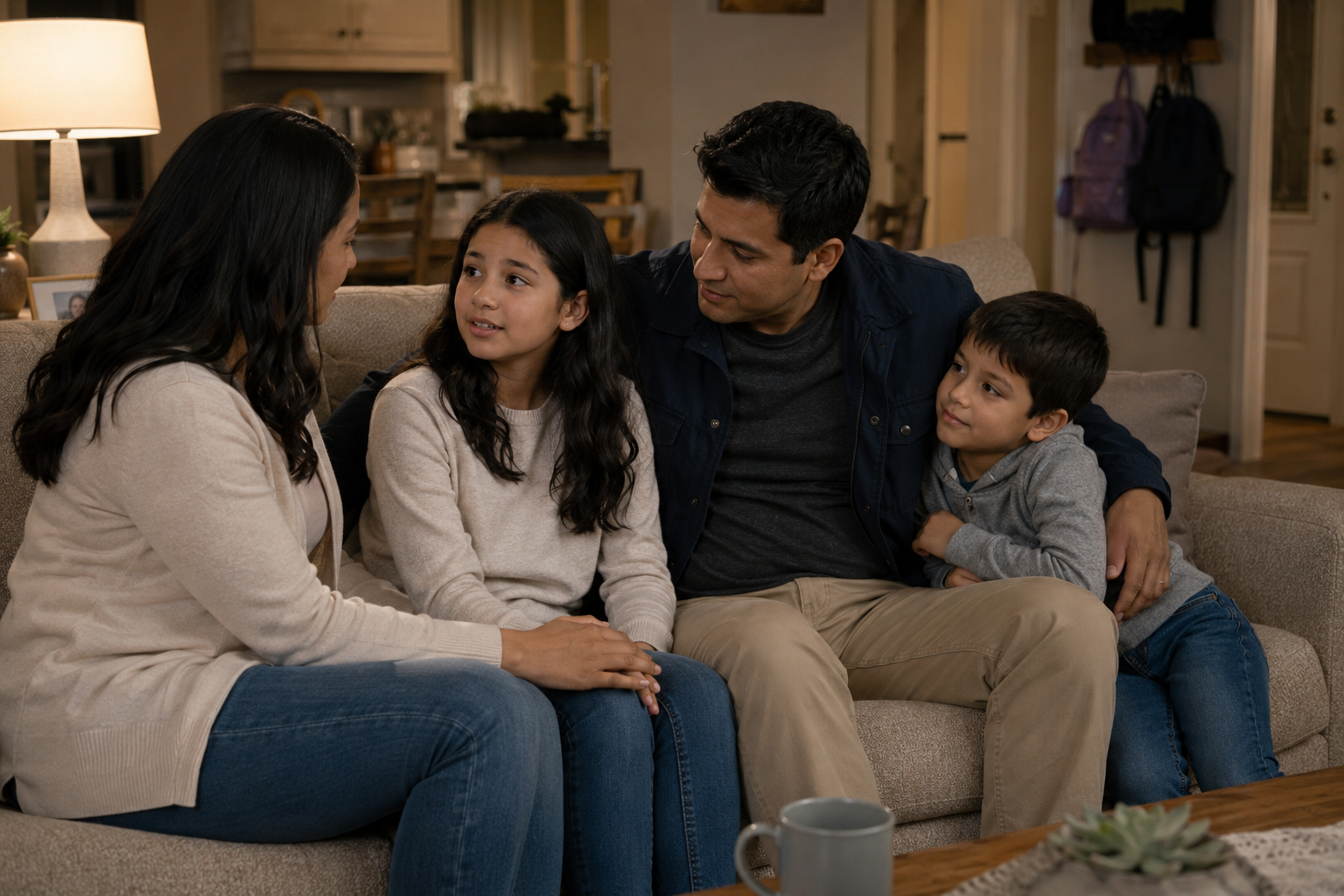 Familia tica conversando en la sala de su casa en Estados Unidos
