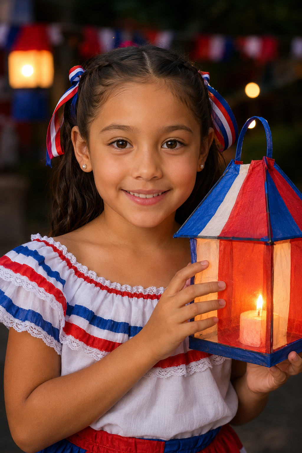 Niña tica en traje típico con un farol — Independencia de Costa Rica