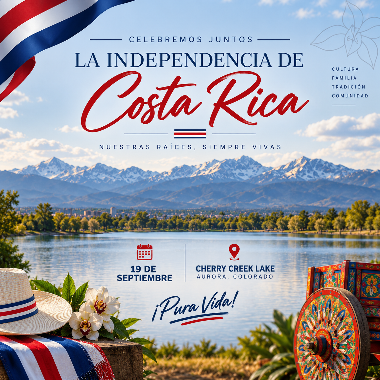 Fiesta de la Independencia de Costa Rica — Cherry Creek Lake, Aurora, Colorado · Sábado 19 de septiembre · ¡Pura Vida!