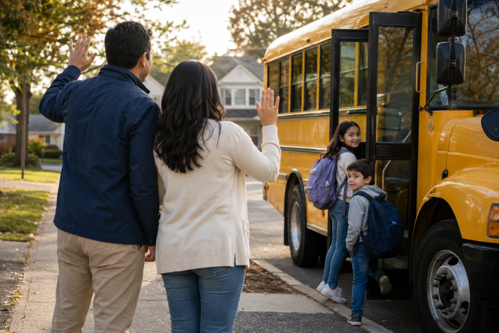 Papás ticos despiden a sus hijos que suben al bus escolar amarillo en New Jersey