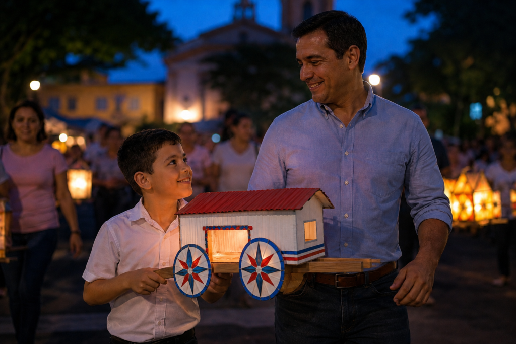 Papá e hijo con un farol de carreta en el Desfile de Faroles