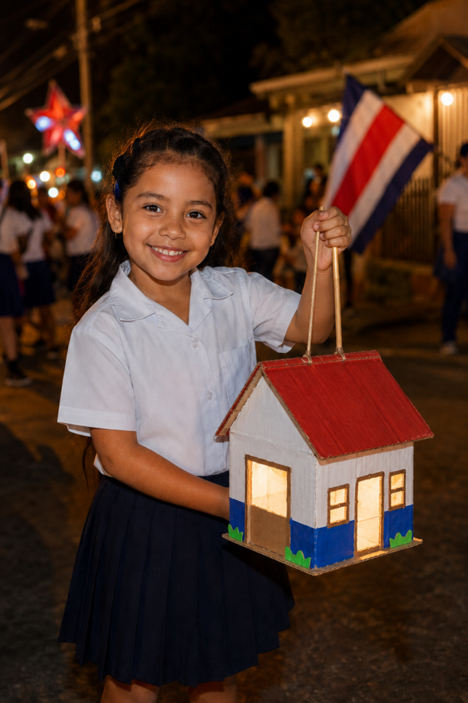 Niña con su farol de casita iluminado y la bandera de Costa Rica