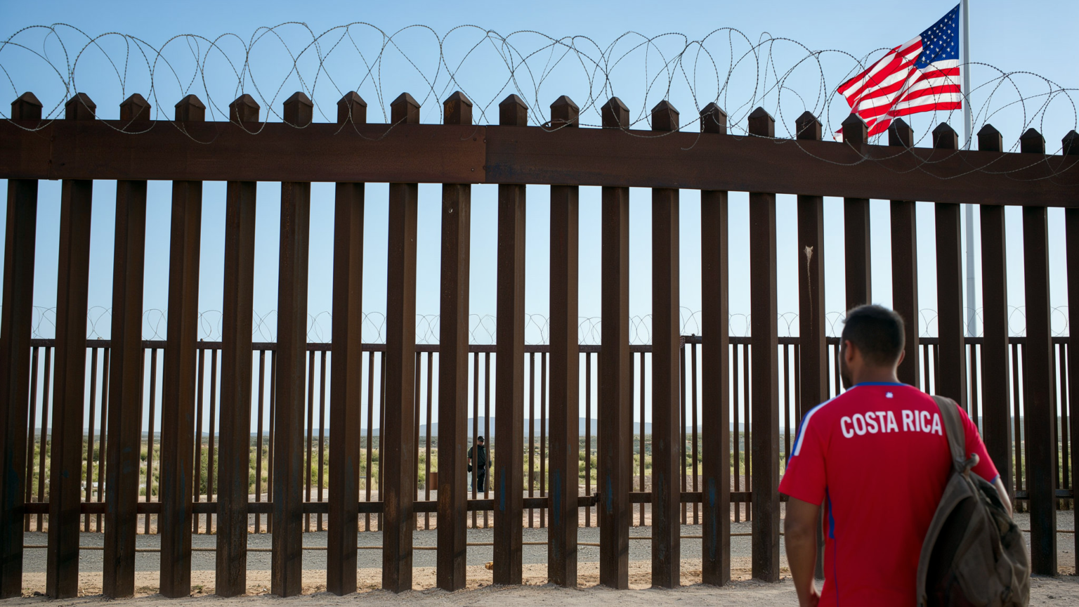 Hombre con camiseta roja de Costa Rica, de espaldas, frente al muro fronterizo de Estados Unidos; detrás del muro, la bandera estadounidense y un agente a lo lejos