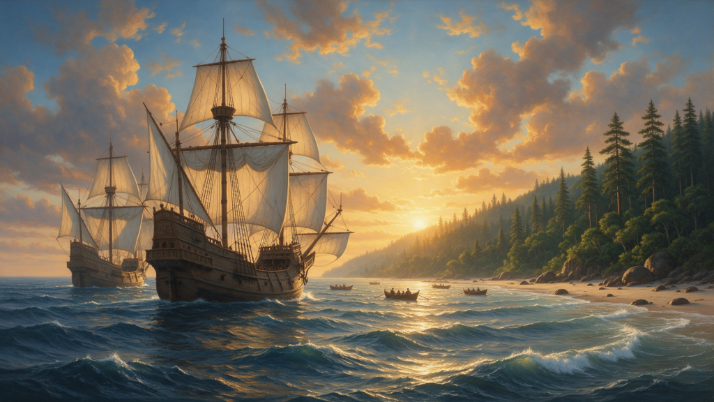 Pintura de barcos europeos de vela llegando a una costa boscosa de América al amanecer