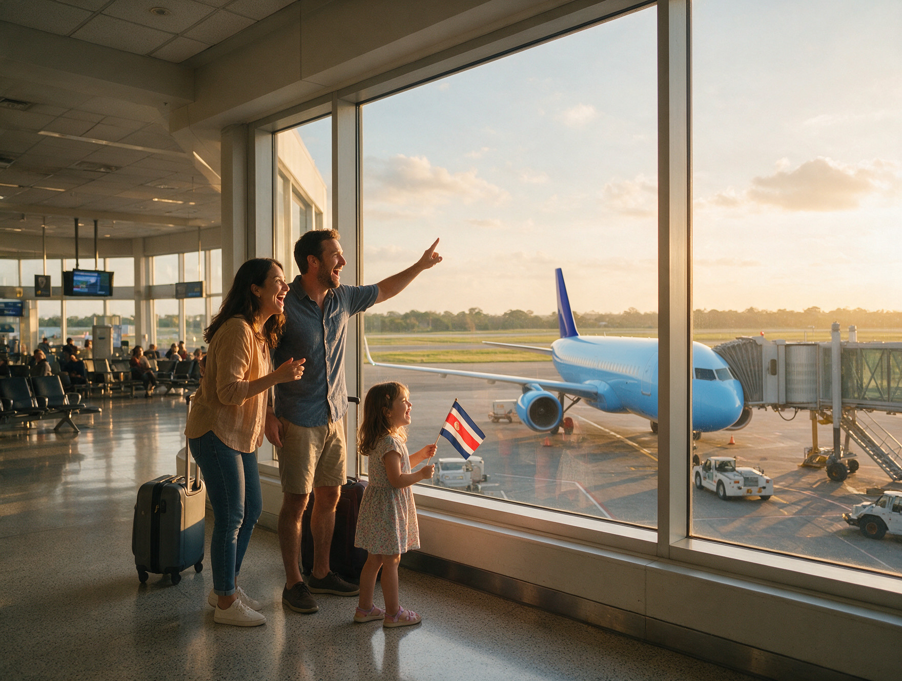 Familia tica en la sala de abordaje mirando el avión que los lleva a Costa Rica