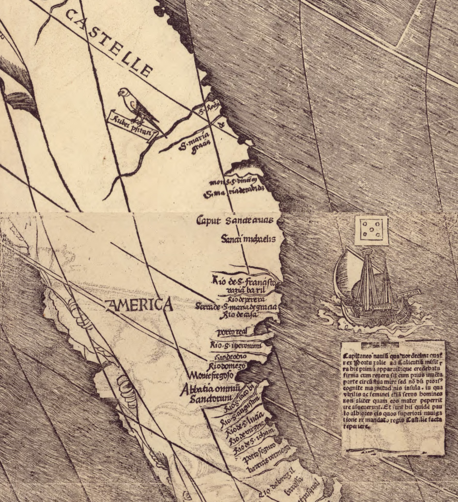 Detalle del mapa de Martin Waldseemüller de 1507 donde aparece por primera vez la palabra America, sobre lo que hoy es Sudamérica