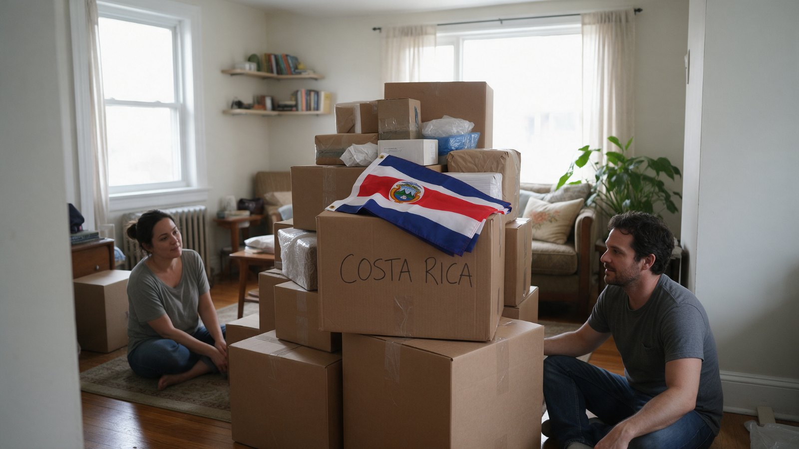 Pareja tica empacando cajas de mudanza marcadas Costa Rica, con la bandera encima