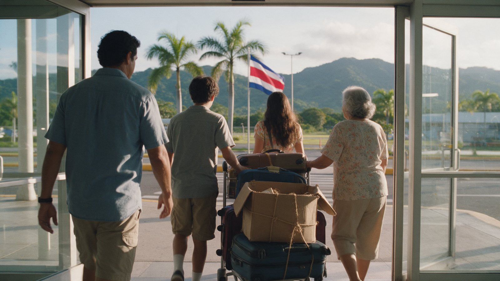 Familia tica de espaldas saliendo del aeropuerto con maletas, con la bandera de Costa Rica al fondo