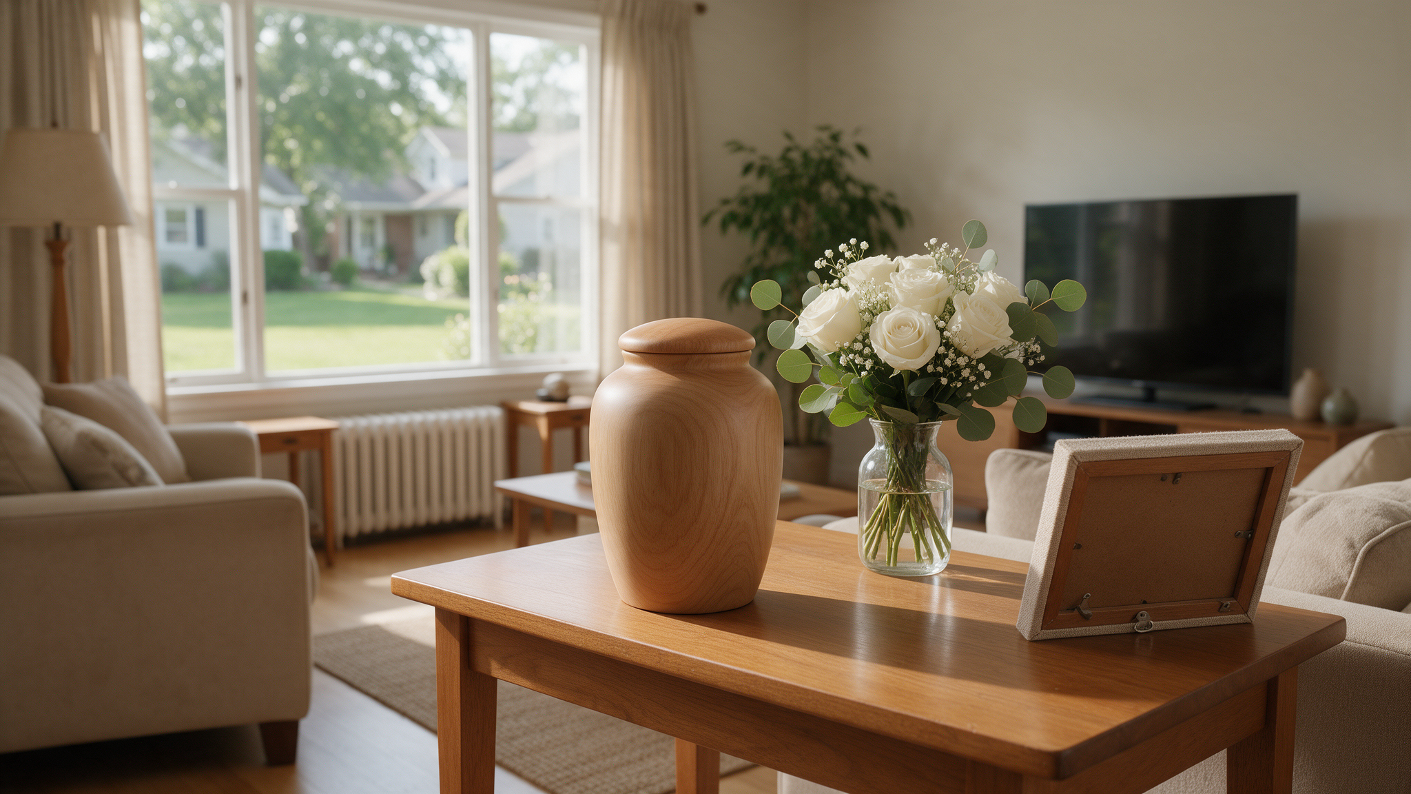 Urna de cenizas sobre una mesa junto a flores blancas en una casa en Estados Unidos