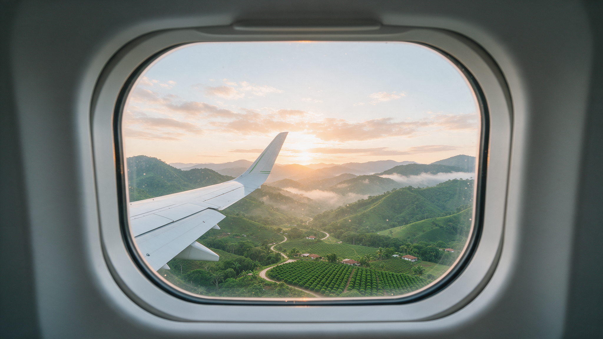 Montañas y cafetales de Costa Rica vistos desde la ventana de un avión al amanecer