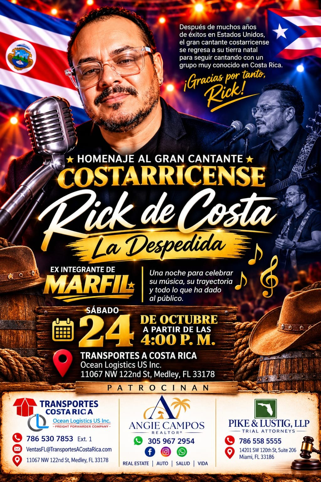 Flyer del Homenaje y Despedida a Rick de Costa, sábado 24 de octubre en Medley, Florida