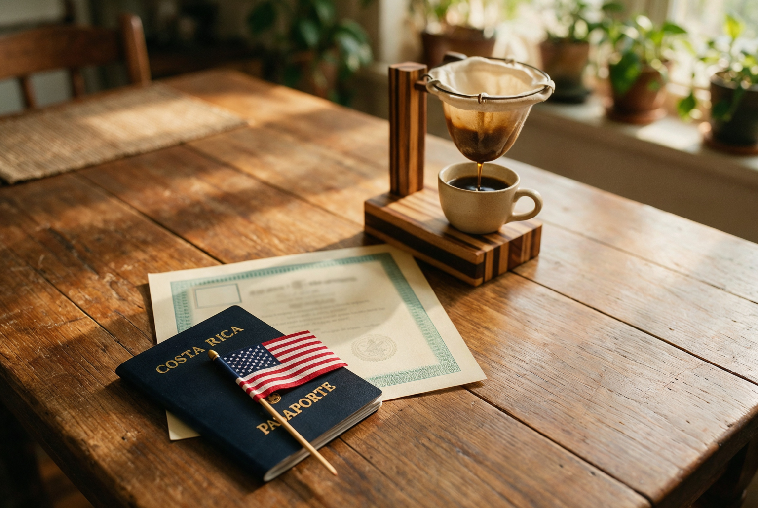 Pasaporte de Costa Rica con una banderita de Estados Unidos encima, un certificado de naturalización y un chorreador de madera colando café sobre una mesa